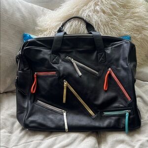 Black Leather Laptop Weekender Bag with Multicolor Zipper Accents